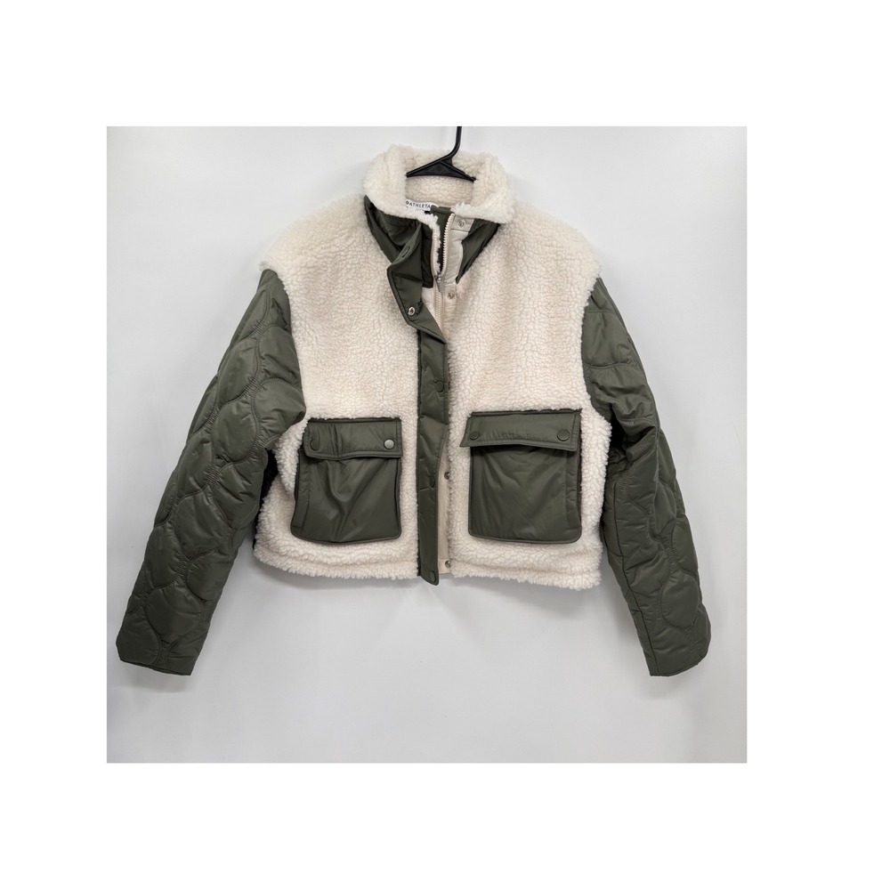 Athleta S Mixed Media Sherpa Quilted Jacket Womens Olive Green Cream Crop Zip
